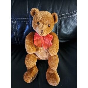 Vintage Dakin Teddy Bear Plush Red‎ Bow Stuffed Animal 12" Sitting Soft Brown